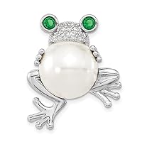 24mm Cheryl M 925 Sterling Silver Rhodium Plated Acrylic Pearl and Brilliant cut Green And White CZ Frog Pin Jewelry for Women