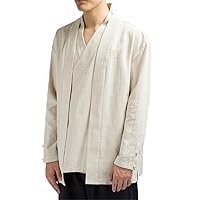 Casual Fake Two Piece V-Neck Cotton Linen Coat Kimono Jacket Men Chinese Style Loose Plus Size White/Black