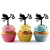 TA0471 Stork Bird Flying Holding Newborn Baby Silhouette Party Wedding Birthday Acrylic Cupcake Toppers Decor 10 pcs