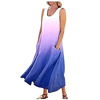 Plus Size Dress for Women 2024 Summer Casual Fashion Solid Colour Printed Sleeveless Round Neck Pocket Dress