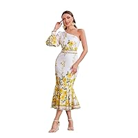 Fall Dresses for Women 2023 One Shoulder Floral Print Ruffle Hem Belted Dress Dresses for Women