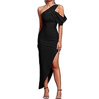 UONBOX Women's One Shoulder Side Split Asymmetrical Bodycon Sleeveless Midi Party Cocktail Bandage Dress
