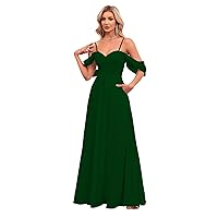 Women's Off The Shoulder Bridesmaid Dresses with Pockets Chiffon Pleated Long Formal Evening Gowns BD23
