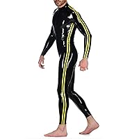 Black Latex Catsuit with Yellow Trim Back Zipper for Men Tight Rubber Bodysuit Jumpsuit