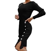 Women Dress Knee Length Dress Long Sleeve Solid Color Vent Button Fall Winter Round Neck Casual Dress Casual