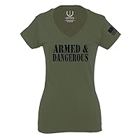 Armed and Dangerous American Patriotic Military Style for Women V Neck Fitted T Shirt