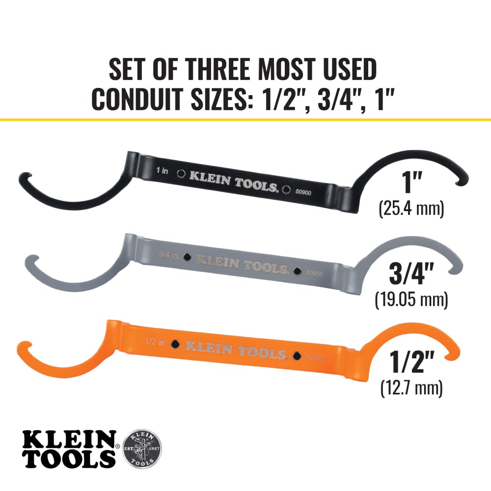 Klein Tools 50900R Conduit Lockout Wrench Set, Tighten and Loosen Locknuts in Tight Spaces, 1/2, 3/4 and 1-Inch, Offset Bends, 3-Piece