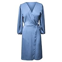 Women Long Sleeve Spring Dress Relaxed Fit Sexy Flowy Maxi Dresses Cocktail Dress Wedding Guest Dresses Satin Tie Waist Formal Dresses Midi Dresses for Women Casual (X-Large,C1-Sky Blue)