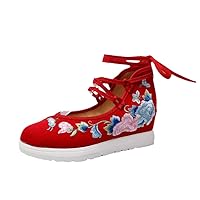 Spring Women Cross-Tied Embroidered Casual Shoes Vintage Canvas Sneakers Ethnic Lace-Up Female Wedges Shoes Red 9