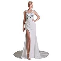 Keting White Appliques Chiffon Mermaid High Split Prom Evening Party Wedding Dress Sleeveless Bridal Gown