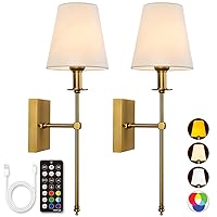 YESIE Rechargeable Battery Operated Wall Sconces Set of Two,4 Color Temperatures,2X40W Equivalent Lamp,300Lumen Detachable Charging Light Bulb,Remote Control,Dimmer,Timer,White Shade, Non-Hardwired