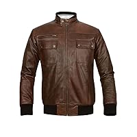 Men's Genuine Lambskin Leather Jacket Slim fit Moto Brown Biker jacket LLML106