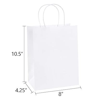 BagDream Gift Bags 8x4.25x10.5 100Pcs Kraft Paper Bags with Handles Bulk, White Gift Bags Medium Shopping Retail Merchandise Wedding Party Favor Bags, Paper Grocery Bags Sacks Recyclable