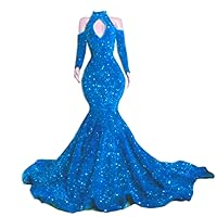 Keting Royal Blue Halterneck Mermaid Sequined Prom Evening Shower Party Dress Celebrity Pageant Gown for Wedding