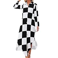 White Black Checkered Women's Shirt Dress Long Sleeve Button Down Long Maxi Dress Casual Blouse Dresses