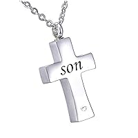 misyou Customized Stainless Steel Memorial April Birthstone Pendant Cremation Cross Pendant Keepsake Necklace （Son）