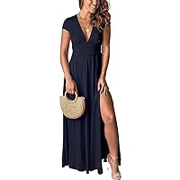 Women's Long Sleeve Long Dresse Pleated High Waist Sexy V-Neck Beach Summer Slit Club Party Evening Maxi Dress