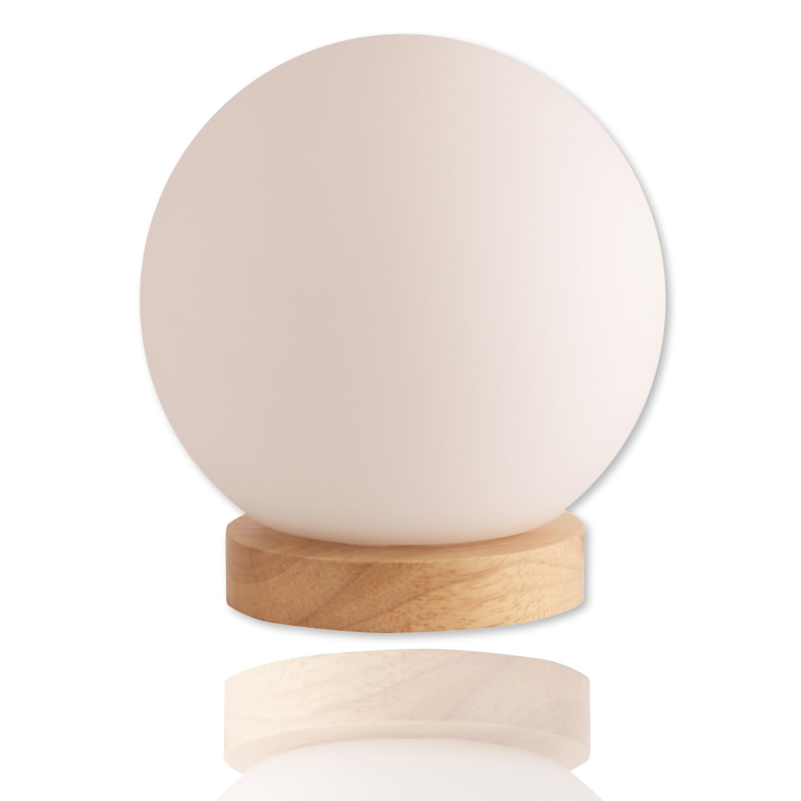 Globe Table Lamp with Included 6 Watt 550 Lumen 2700K LED Bulb - Sphere Lamp with Natural Wooden Base and Round Lamp Glass Shade - Ideal as Mini Table Lamp, Orb Light, Bookshelf Lamp Bedside Ball Lamp