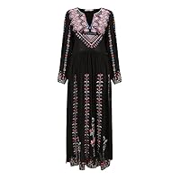 HAN HONG Embroidery Maxi Dress Women Summer V Neck Long Sleeve Loose Hem Holiday Vestidos Retro Beach Casual Dresses