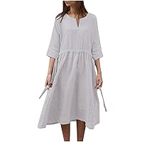 Womens 3/4 Sleeve Cotton Linen Midi Dress Tieknots Side Babydoll Casual Loose Summer V Neck Plus Size Plain Dresses