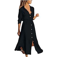 Plus Size Women Waist-Defined Lace-Up Shirt Dress Button Down Cotton Linen Long Sleeve Dressy Casual Solid Dresses