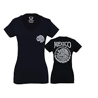 VICES AND VIRTUES Hecho En Mexico Mexican Flag Coat of Arms Escudo Mexicano 5 Mayo for Women V Neck Fitted T Shirt