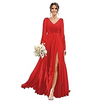 Women's Chiffon Bridesmaid Dresses 2024 Long Sleeve V Neck with Slit Pleated Formal Evening Gowns with Pockets