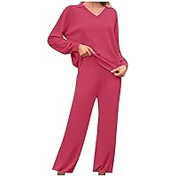 Women 2 Piece Solid Sweater Sets Drop Shoulder Long Sleeve Knit Top Matching Wide Leg Pant Knitted Sweatsuit Outfits