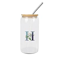 Glass Cups with Lids And Straws Monogram Letter H Glass Cup Dark Green Letter Lily Flower Cup Inspired Monogram Cups Great For for Water Tea 16 OZ