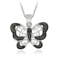 Jewelry Created Round Cut Black Diamond 925 Sterling Silver 14K White Gold Finish Diamond Accent Butterfly Pendant Necklace for Women's & Girl's