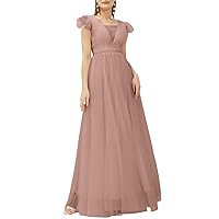 A-Line Party Gowns Elegant Bridesmaid Dress V Neck Short Sleeve Evening Dress Floor Length Tulle with Pleats 2023