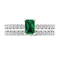 Clara Pucci 1.51 ct Emerald Cut Solitaire Genuine Simulated Emerald Designer Art Deco Statement Wedding Ring Band Set 18K White Gold