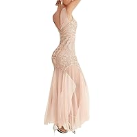 Women's O Neck Spaghetti Strap Dress Contrast Color Sequin Mesh Formal Party Prom Evening Evening Dress
