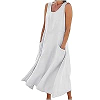 Womens Summer Dress 2024 Cotton Linen Solid Color Sleeveless Maxi Dresses with Pockets Loose Tunic Casual Dress