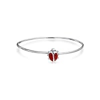 Tiny Red Enamel Small 6 Inch Lucky Charm Ladybug Bangle Bracelet For Women For Teen .925 Sterling Silver