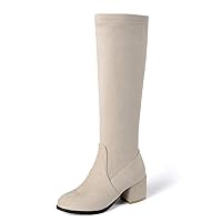 Women Knee High Boots Side Zipper Block Heel Suede Round Toe Cute Retro Shoes