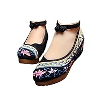 Vintage Women Canvas Lotus Shoes Ladies Floral Cotton Fabric Embroidered Strappy Flat Black 8.5