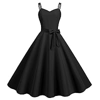 Women 1950s Retro Spaghetti Strap Belted Cocktail Dress Summer Sleeveless High Waist Rockabilly Swing A-Line Dresses