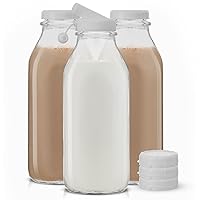 Milk Bottle with Lid AND Pourer Multi-Pack. 32 Oz Reusable Glass Bottles with 6 Lids! Jug Pitcher, Buttermilk, Water or Juice Bottles with Caps, Syrup, Honey or Sauce Container