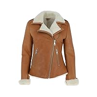 Women’s Light Brown Sheepskin Genuine Leather Camel Biker Style Shearling Jacket Bomber Coat