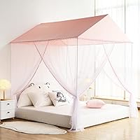 Akiky Girls Bed Canopy Large Playhouse with Pompom Princess Castle Indoor&Outdoor Play Tent for Kids-Not Include Bed Poles(Twin,Pink)