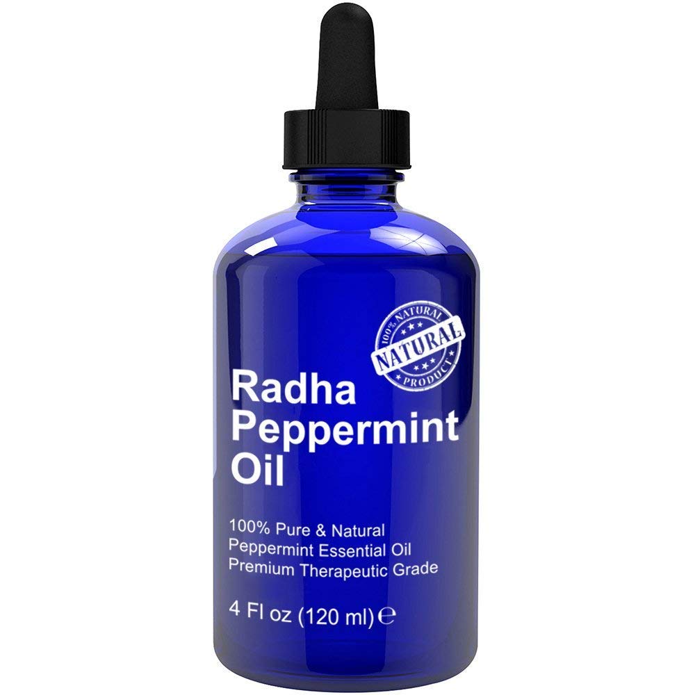 Radha Beauty Peppermint Essential Oil 4 oz - 100% Pure & Therapeutic Grade, Steam Distilled for Aromatherapy, Fresh Minty Scent, Focus, DIY Projects, Candles, Sprays and Fragrance