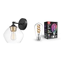 Globe Electric 51367 Harrow 1-Light Matte Black Wall Sconce with Gold Accent Socket and Clear Glass Shade + 35847 Wi-Fi Smart 7W (60W Equivalent) Multicolor Changing RGB Tunable White Clear LED Bulb