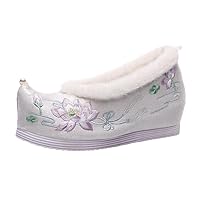Ankle Strap Women Internal Increased Pumps Ancient Chinese Cocked Toe Woman Shoes Lotus Embroidered Shoe Wedges White Woolen Cotton 8