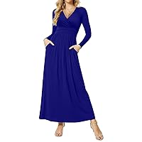 CATHY Women's Dresses Deep V-Neck Long Sleeve Empire Waist Long Dress Casual with Pockets