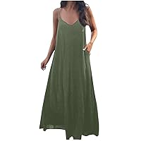 Spaghetti Strap Maxi Dress for Women Summer Casual Beach A-Line Dresses Ruffle Hem Elegant Solid Swing Sumdress