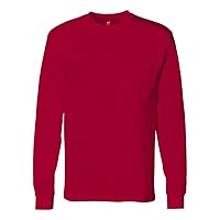 Hanes Tagless Long Sleeve T-Shirt with a Pocket Deep Red