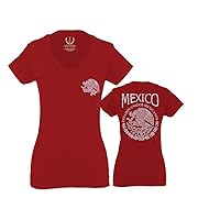 VICES AND VIRTUES Hecho En Mexico Mexican Flag Coat of Arms Escudo Mexicano 5 Mayo for Women V Neck Fitted T Shirt
