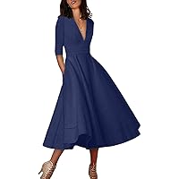 Women's V-Neck Half-Sleeve Satin Tea Length Evening Dresses