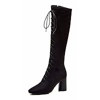 Women Faux Suede Knee High Boots Lace up Chunky Block Heel Winter Boots
